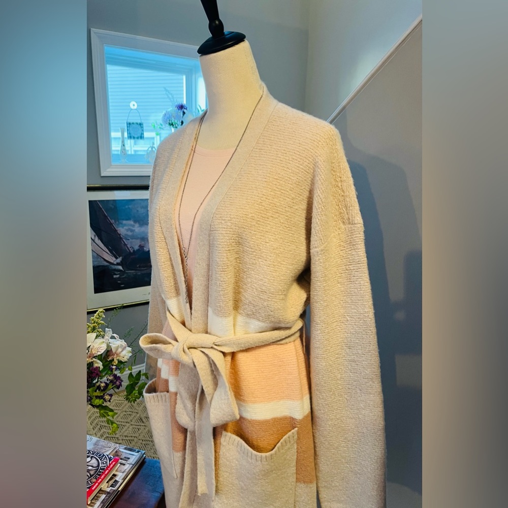 POEM & THREAD Long Cardigan Sweater Coat Open Front Belted Champagne Ivory/Pink